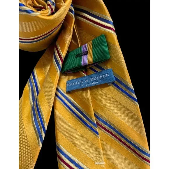 🆕HAINES & BONNER Yellow Striped Silk HANDMADE Tie 60"/ 3.5" NWOT - Picture 2 of 4